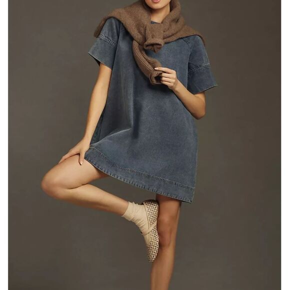 Anthropologie Dresses & Skirts - Porridge Denim Shift Dress Small Blue Relaxed A-Line Pocket Casual Boho Coastal